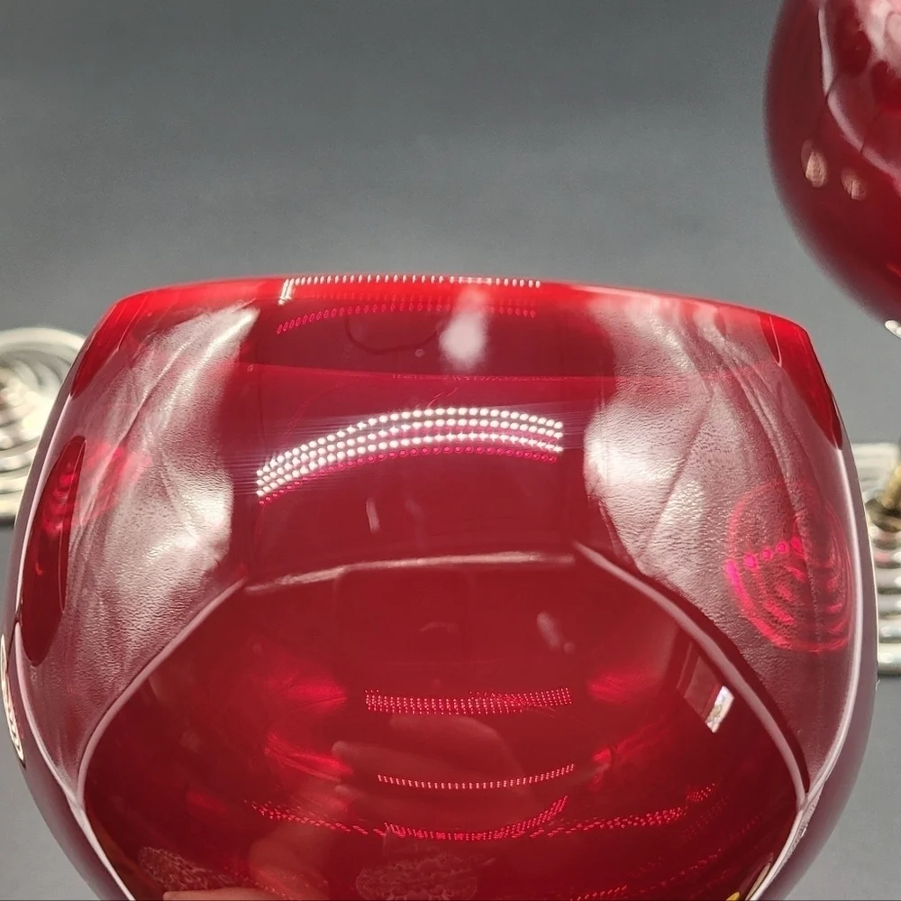 Ruby Red Glass Balloon Wine Glasses Silver Metal Stem Stepped Foot Set of 3 Vtg‍